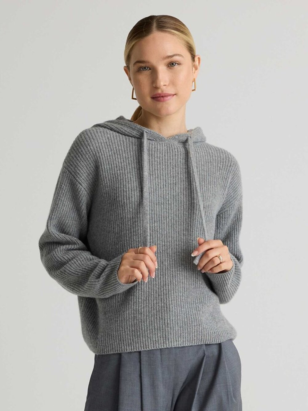 Quince Mongolian Cashmere Fisherman Pullover Heather Grey Hoodie
